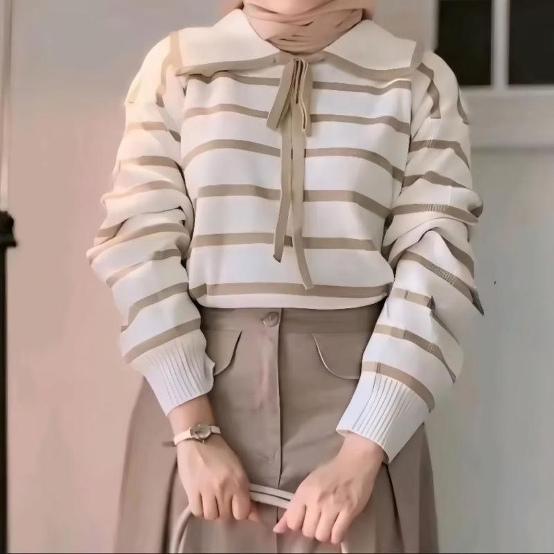 Product Introduction of BAJU RAJUT WANITA TANGAN PANJANG KERAH PITA LUCU STRIP KNIT / ATASAN BAJU SWEATER RAJUT KOREAN STYLE 24