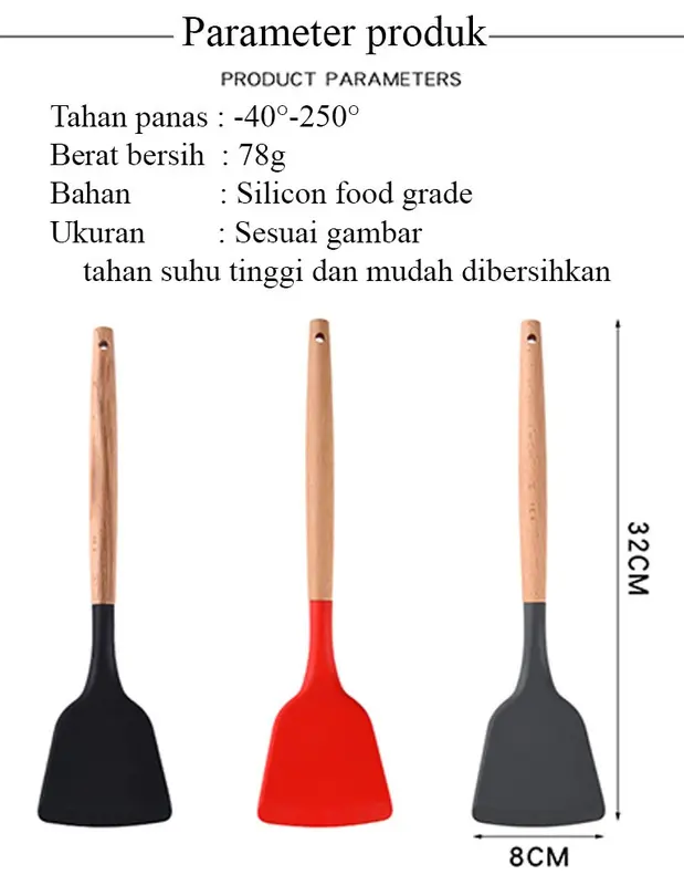 Spatula Silikon Gagang Kayu Tahan Panas Sepatula Silikon Anti Panas 32CM 1