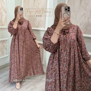 MIKAYLA MIDI DRESS BY RMB - Katun Rayon Motif Premium Tidak Busui Flowy dan Elegan dengan Saku Kanan dan Tali Samping Kanan Kiri