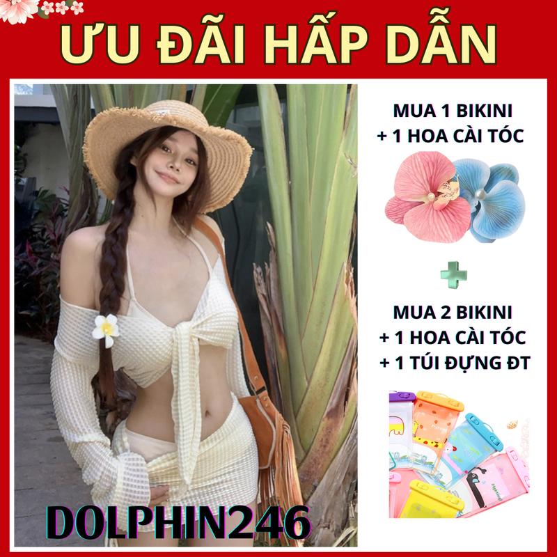  Set xinh mặc đi biển Bikini 2 mảnh đồ bơi nữ 4 chi tiết áo 2 dây quần tam giác kèm khăn quây áo dài tay chống nắng sexy Sport 53263 - 125012 D-35.1 