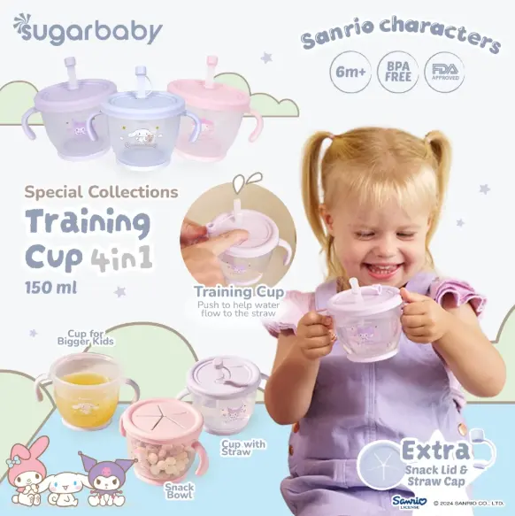 Sugar Baby Training Cup 4in1 Sanrio Characters - Gelas Minum Anak Bebas BPA dengan 4 Fungsi dan Desain Sanrio Menarik untuk Bayi 6 Bulan ke Atas