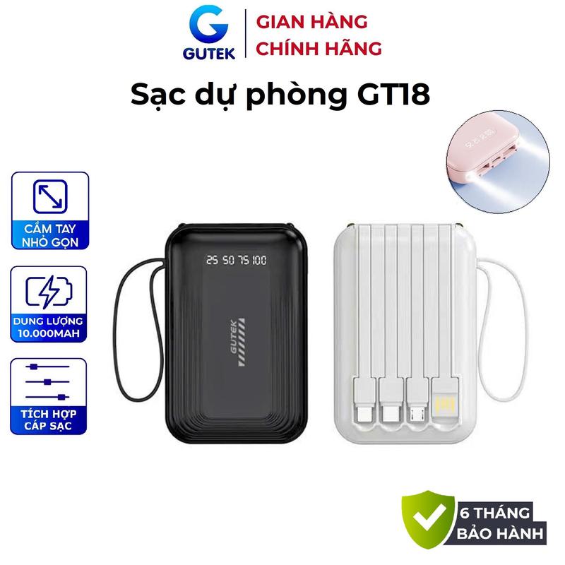 Pin Sạc dự phòng 20000mah nhỏ gọn có sẵn dây sạc điện thoại – Gutek GT18