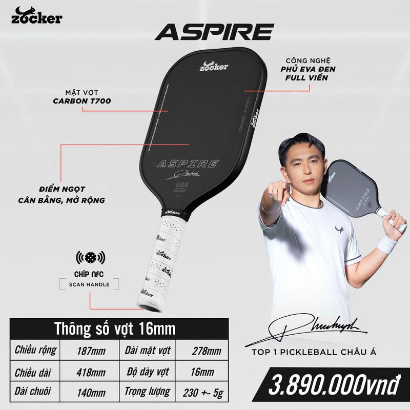  Vợt Pickleball Zocker Aspire Phúc Huỳnh chính hãng cao cấp Carbon T700 bản 13.3mm và 16mm ép nhiệt chip NFC 