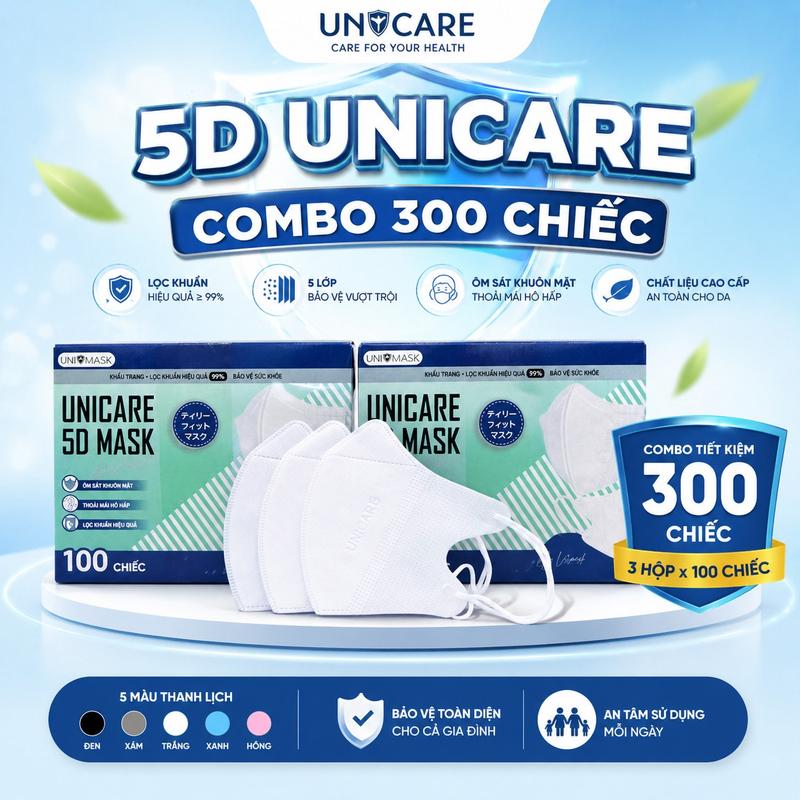 Khẩu Trang 5D UNICARE - Thùng 300 Chiếc Khẩu Trang 3 Lớp Kháng Khuẩn