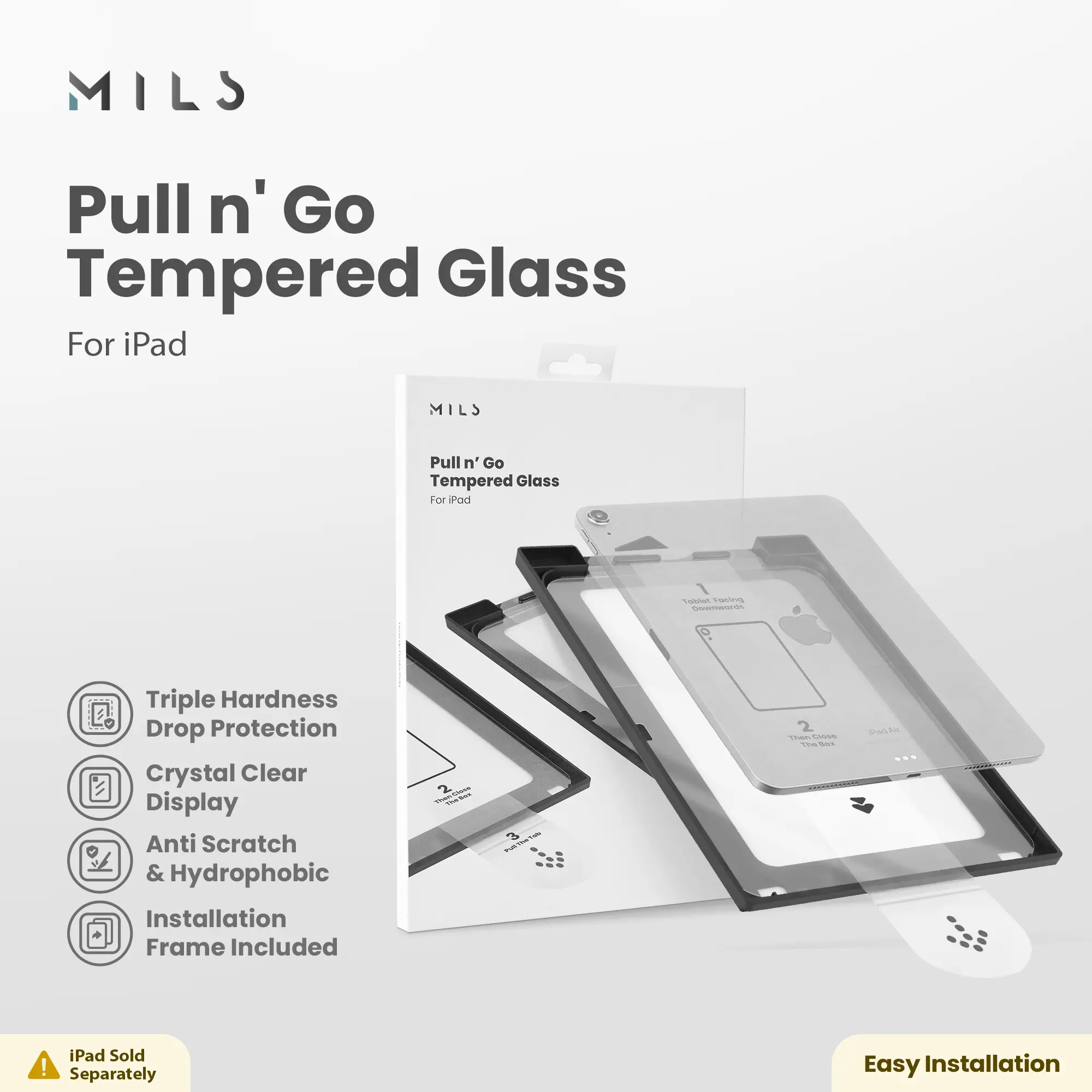 MILS Technologies Pull n GO Tempered Glass for iPad 7 8 9 10 10.2 10.5 10.9 Air 4 5 Pro 11 2021 2022 2024 2025 M1 M2 M4 M5