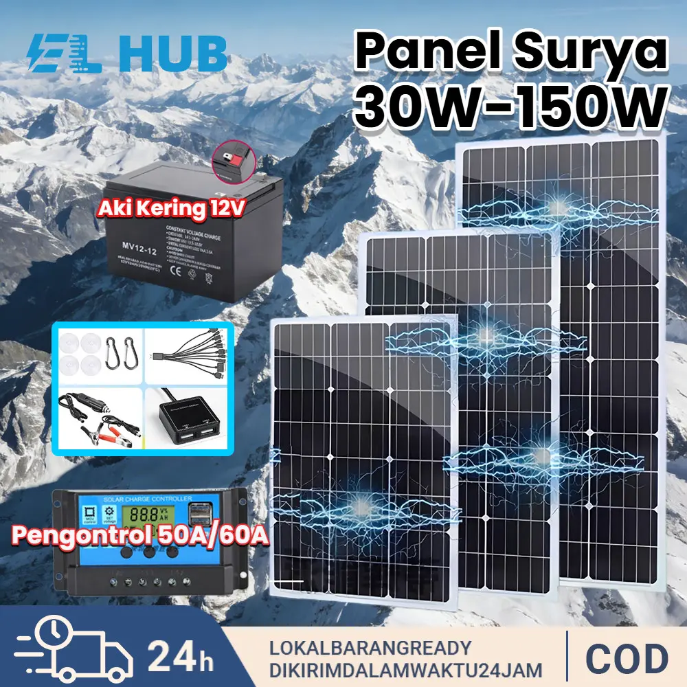 Solar Panel 30W/60W/100W/120W/150W Panel Surya Paket Surya Lengkap dengan Pengontrol 60A dan Aki Kering 12V