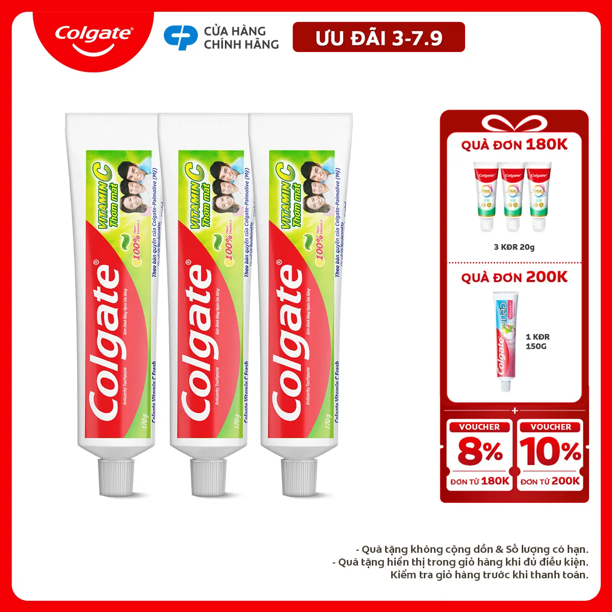 [Ưu đãi 3-7.9] Bộ 3 Kem đánh răng Colgate dòng Vitamin C thơm mát 170g/ tuýp