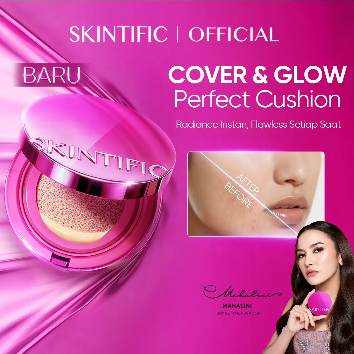 【video】SKINTIFIC Cover Glow Perfect Cushion 11ml | Poreless Full Coverage Foundation BB CC Cushion | Oil Control, Waterproof, Sweatproof, Flawless Makeup Bedak Padat untuk Kulit Berminyak & Kering Wajah