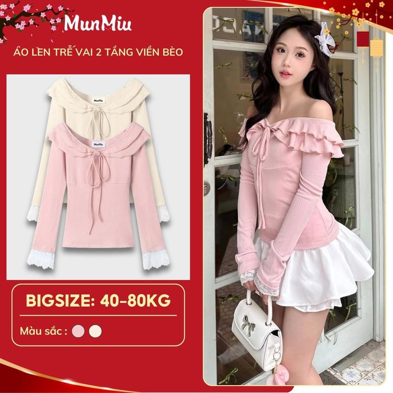 Áo thun len MunMiu dài tay viền ren thiết kế trễ vai 2 tầng viền bèo phối dây buộc nơ 3003