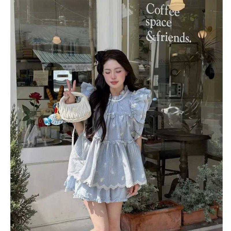 BIGSIZE HIẾU HIẾU 55-95KG - Set babydoll Áo sọc xanh tay cánh tiên + Chân váy ngắn viền bèo S629