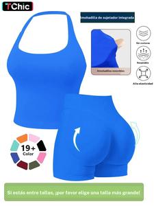 Conjunto de dos piezas para mujer en color sólido con top de halter y shorts de cintura alta, conjunto deportivo, conjuntos deportivos transpirables de secado rápido para yoga, gimnasio, entrenamiento y running, ropa deportiva para damas para el verano