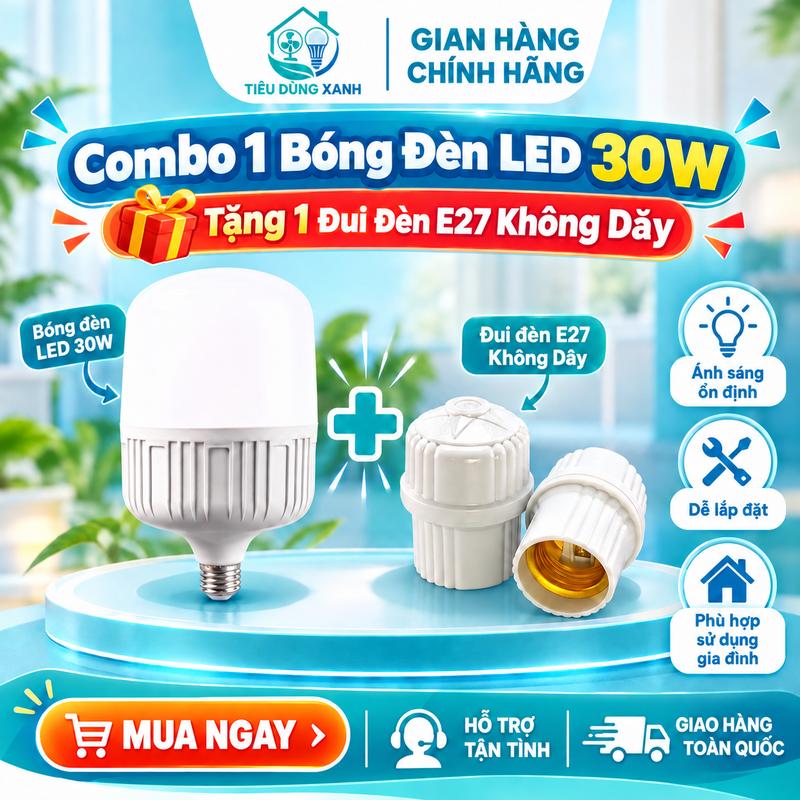 Combo Bóng Đèn LED 30W Không Nhôm + Đui Đèn E27 Không Dây Ánh Sáng Trắng Bầu Kín Tiết Kiệm Điện Chiếu Sáng Đa Năng