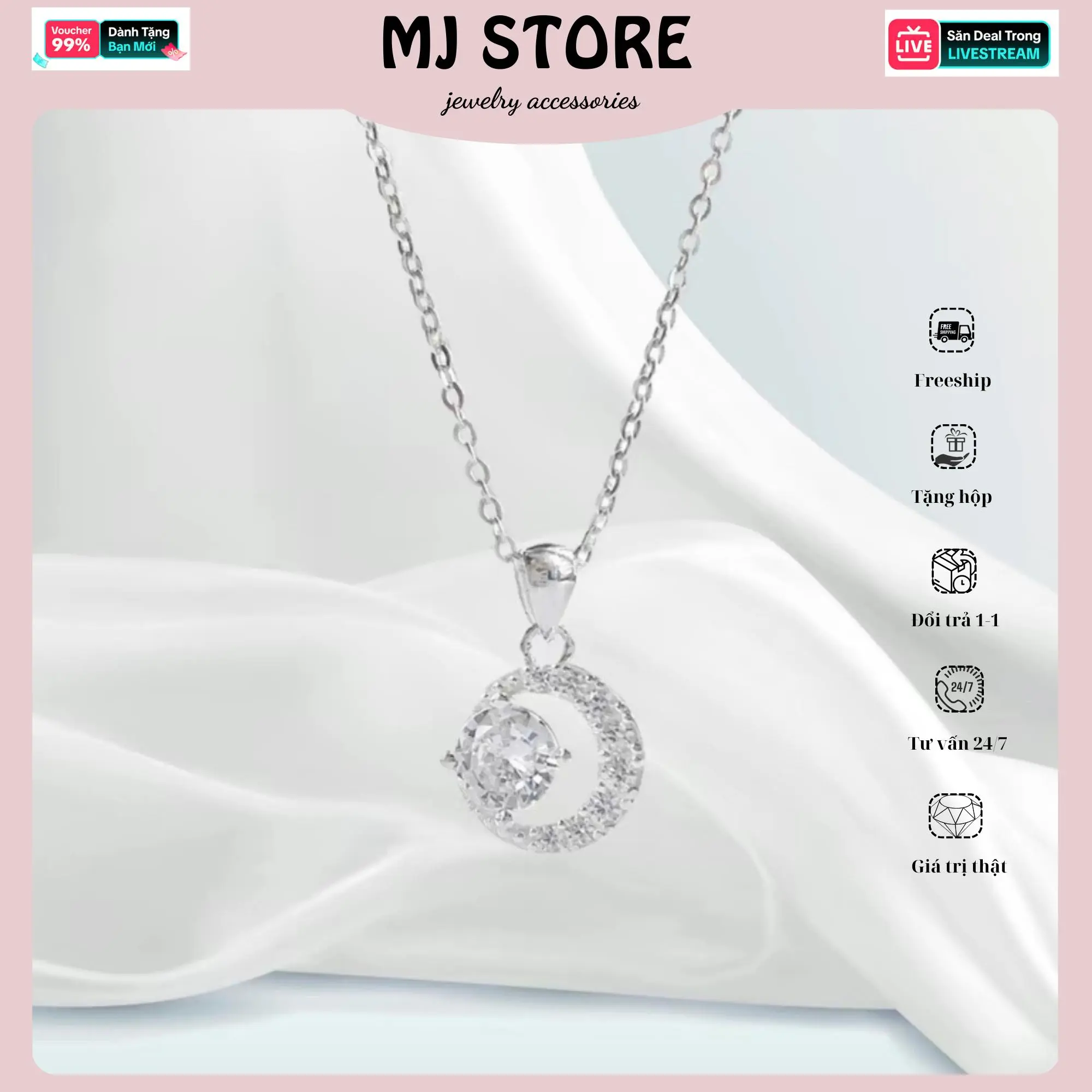 Lumia Dây chuyền bạc MetooSilver Mặt Trăng Đá tròn dành cho nữ chống nước khrỉ - Metoosilver dâ y huyền c