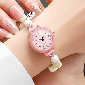 Jam Tangan Quartz Wanita Dengan Dial Bundar Tali Anyaman Skema Warna Dopamin Vitalitas Muda