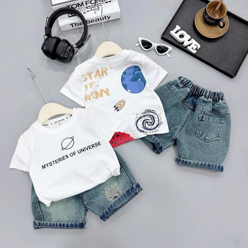 [Voikit] VB019 Bộ đồ bé trai phong cách Hàn Quốc áo in phông hình quả cầu chất cotton tàu phối quần jean rách xước cho bé trai 8-28kg, đồ bé trai style hàn quốc