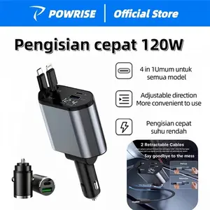 POWRISE 120W Fast Charging Car Charger Mobil & Motor Rectractable Cable 4 In 1 Type-C Dan Iphone