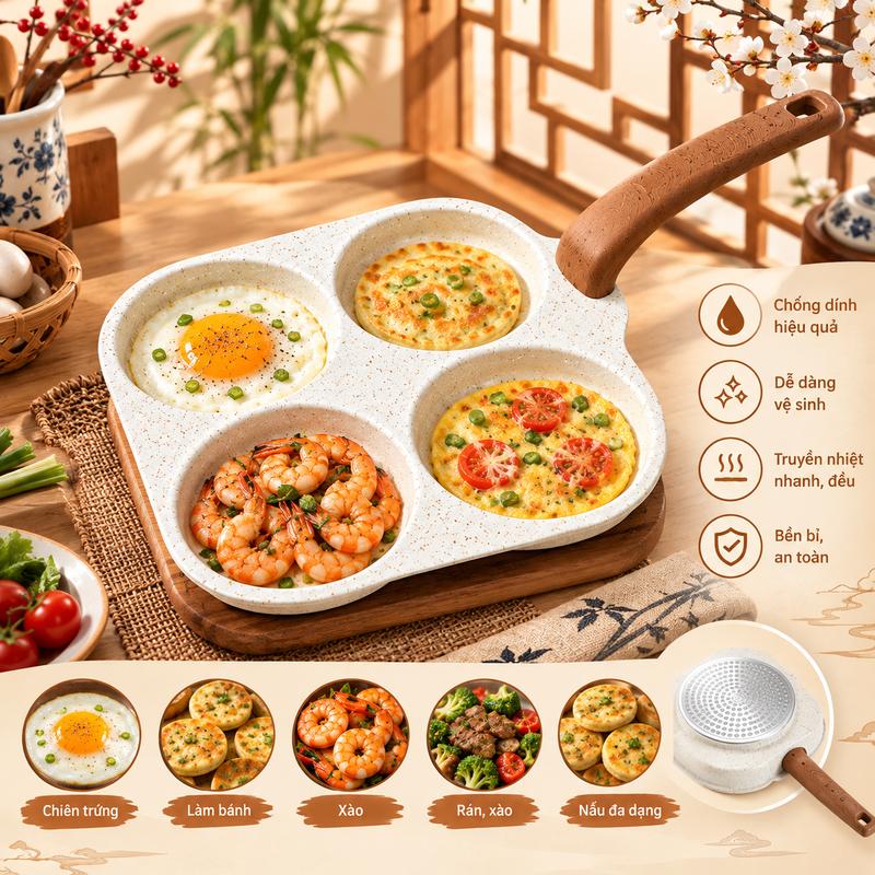 CHẢO CHIÊN 4 NGĂN TRÒN CHỐNG DÍNH - Thiết kế tiện lợi cho nấu ăn - Chiên 4 món cùng lúc - Tay cầm cách nhiệt - Dễ vệ sinh - Phù hợp làm trứng ốp la, pancake, bánh khọt mini gang