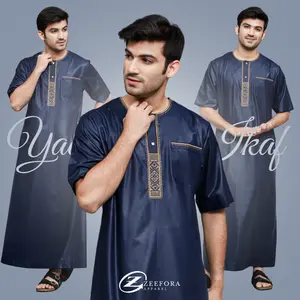 Zeefora Jubah Pria Ikaf Premium Yaqub Hitam Bordir Kancing Snap Lengan Pendek Kerah Oblong Dewasa Gamis Muslim Polyester Semi Gloss