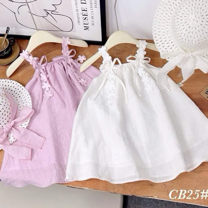 Váy hai dây đũi chữ A phối dây hoa 2 màu kèm mũ xinh cho bé gái 4