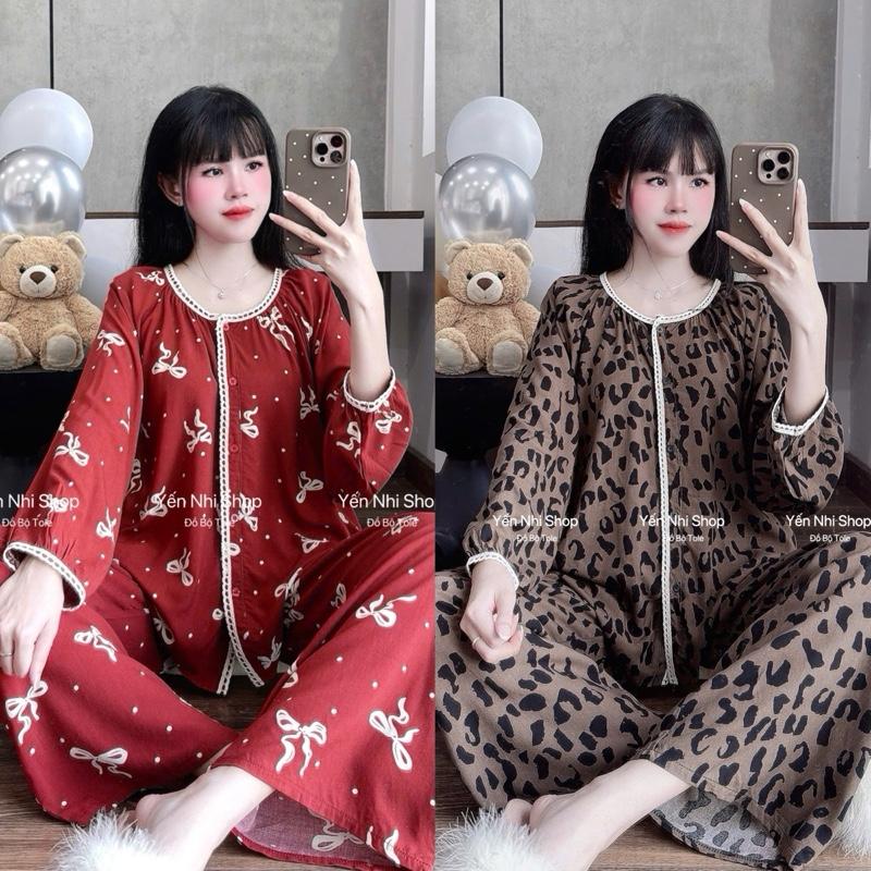  YN016 Đồ Bộ Tole Lanh Nữ L1  40-85kg  Áo Viền Ren  NÚT Cổ Tròn Tay Dài Quần Dài Bộ Mặc Nhà Xinh 