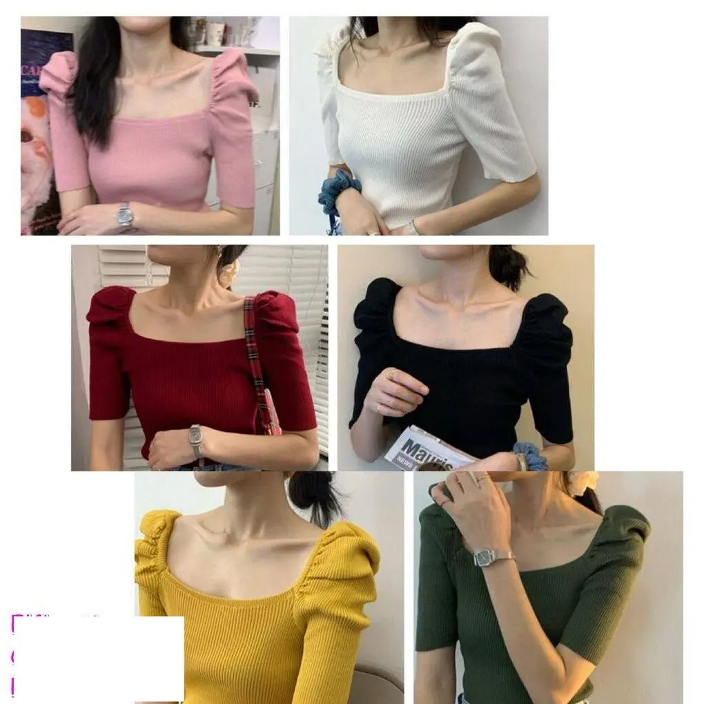 READY STOCK Women Korean Knitted Square Neck Short-sleeved  Crop Top Pink/White/Black/Yellow/Wine Red/Green 221124