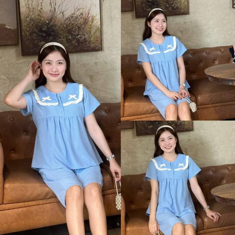  Đồ bộ bầu LỬNG CỔ SEN VUÔNG vải đũi hàn form babydol  - Đầm Bầu Phi Yến 