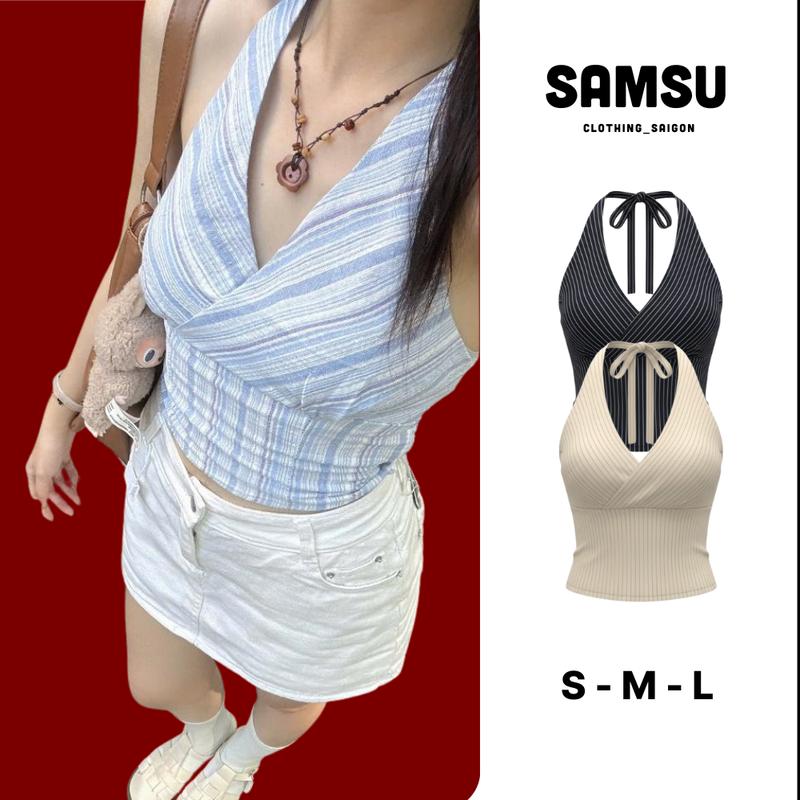 KHÔNG KÈM MÚT Áo Croptop Linen Cổ Yếm Cột Dây Basic Samsu.clothing_saigon Women Nữ Kem Thun