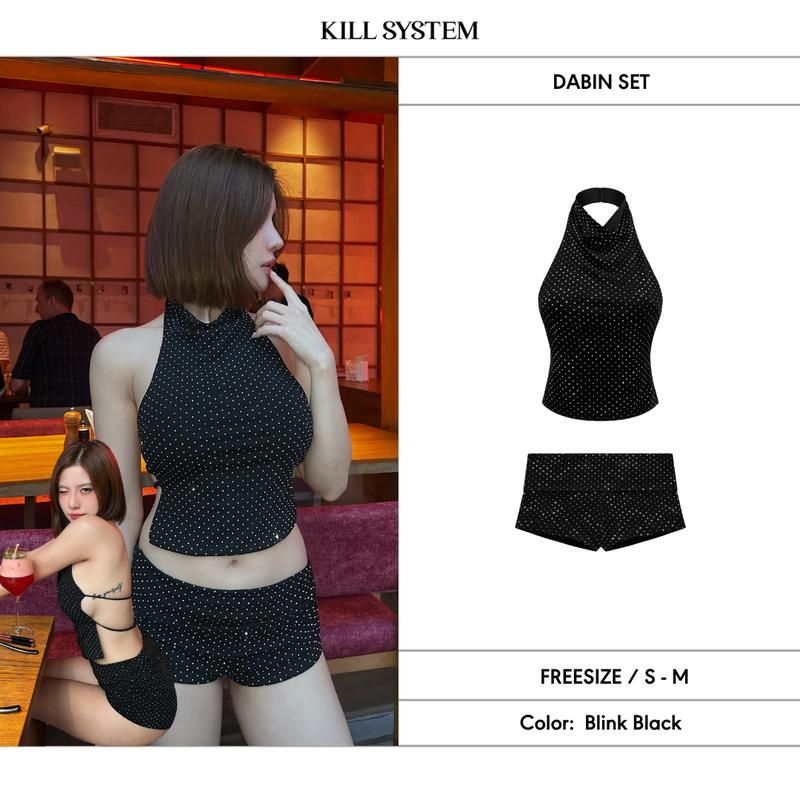   CÓ TÁCH LẺ  Áo cổ yếm và quần short cạp trễ đính đá gập eo tôn dáng DABIN -  KILLSYSTEM 