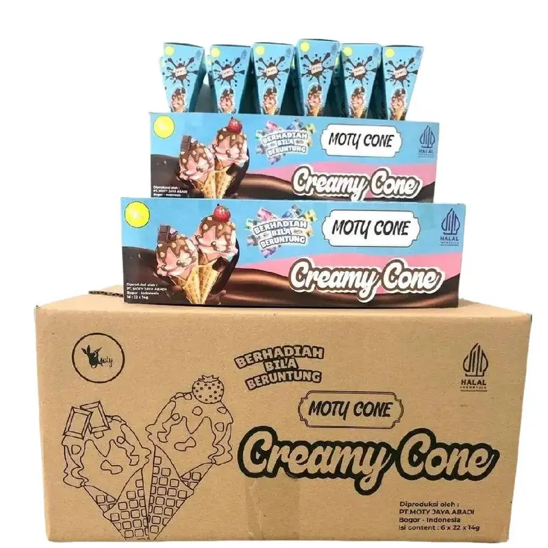 Paket 2 Box Cone Creamy Cokelat dan Stroberry isi 22 Pcs - Wafer Cream Crispy Full Chocolate dan Stoberi - Cemilan Food Snack Manis Camilan Coklat 0
