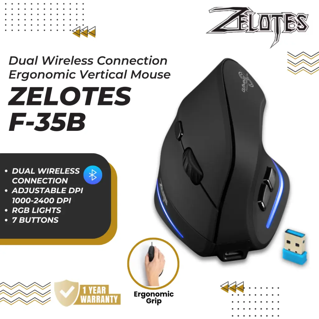 Zelotes F35B Rechargable Ergonomic Vertical Wireless Gaming Mouse 2.4G+BT Ergonomis Vertikal 2400DPI