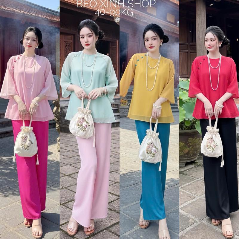 Đồ Lam Pháp Phục Vải Áo Tơ Ánh Kim 2 Lớp Quần Lụa Chéo 40-95Kg Nữ Women Dress Voan - A.1485