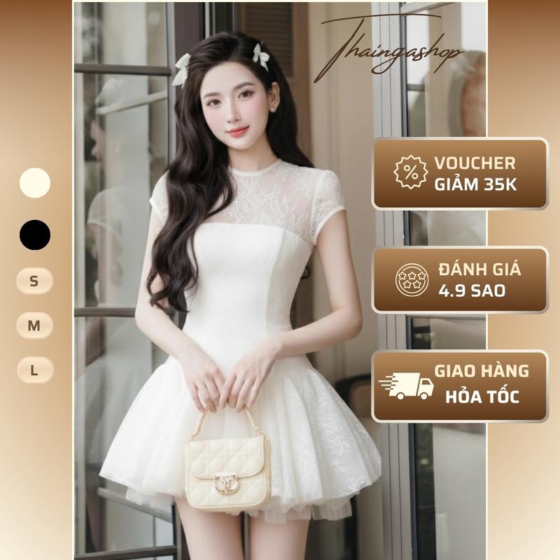  Đầm Dự Tiệc Ngắn Ren Mềm Xoè Bồng Màu Kem & Đen Tôn Dáng Siêu Xinh – Size S M L – D1162 
