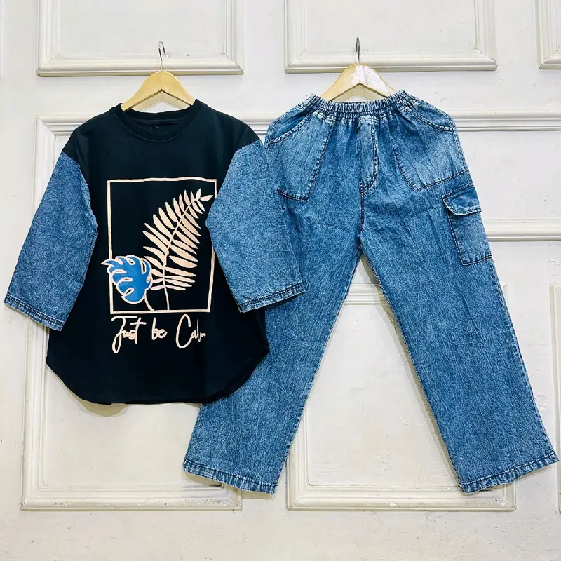 Adeva setelan combat kolaborasi dengan jeans Nyaman , setelan kaos dewasa wanita 4