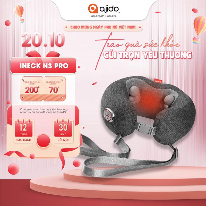Gối Massage Cổ Chữ U Ajido Ineck N3 Pro, Con Lăn Massage 4D Silicone, 2 Cấp Độ Massage, Chế độ nhiệt sưởi Máy Massage