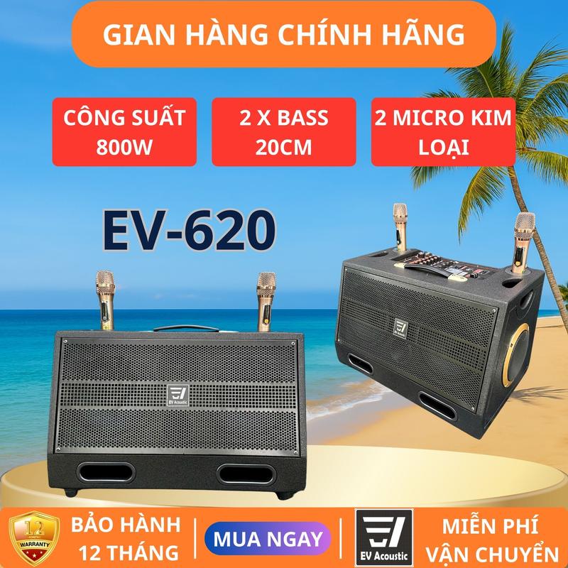 Loa Karaoke Xách Tay EV-620 | Công Suất 800W | 2 Bass 20cm | Sơn Sần Cao Cấp | Bluetooth 5.0 | Micro Không Dây