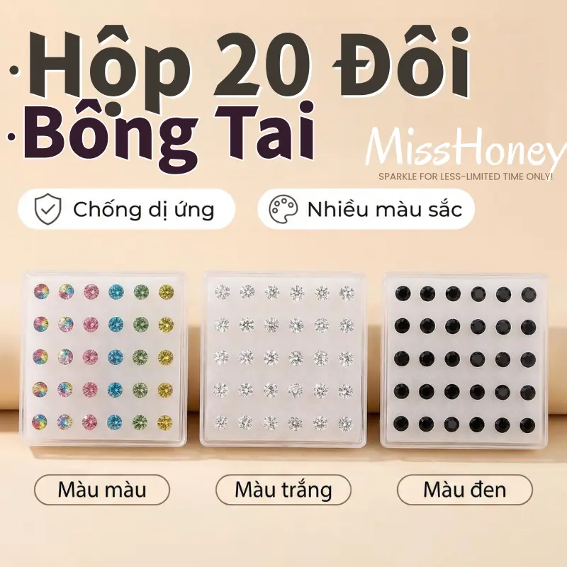 Hộp 20 Đôi Bông Tai Nhựa Đính Đá Pha Lê, Set 20 Đôi Khuyên Tai Giữ Lỗ Thời Trang Nam Nữ