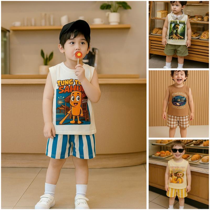 (TẶNG ĐỒNG HỒ TO KHI MUA 2 BỘ) 8-30kg Bộ quần áo ba lỗ VŨ TRỤ BRAINROT siêu hot Tung tung sahur cho bé trai bé gái 8-30kg