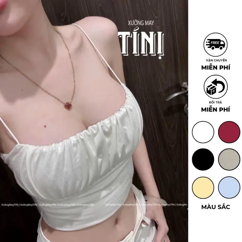 Áo Croptop 2 dây sợi bún nhún tôn V1 vải thun rip Trung co giãn giữ form mềm mịn mát
