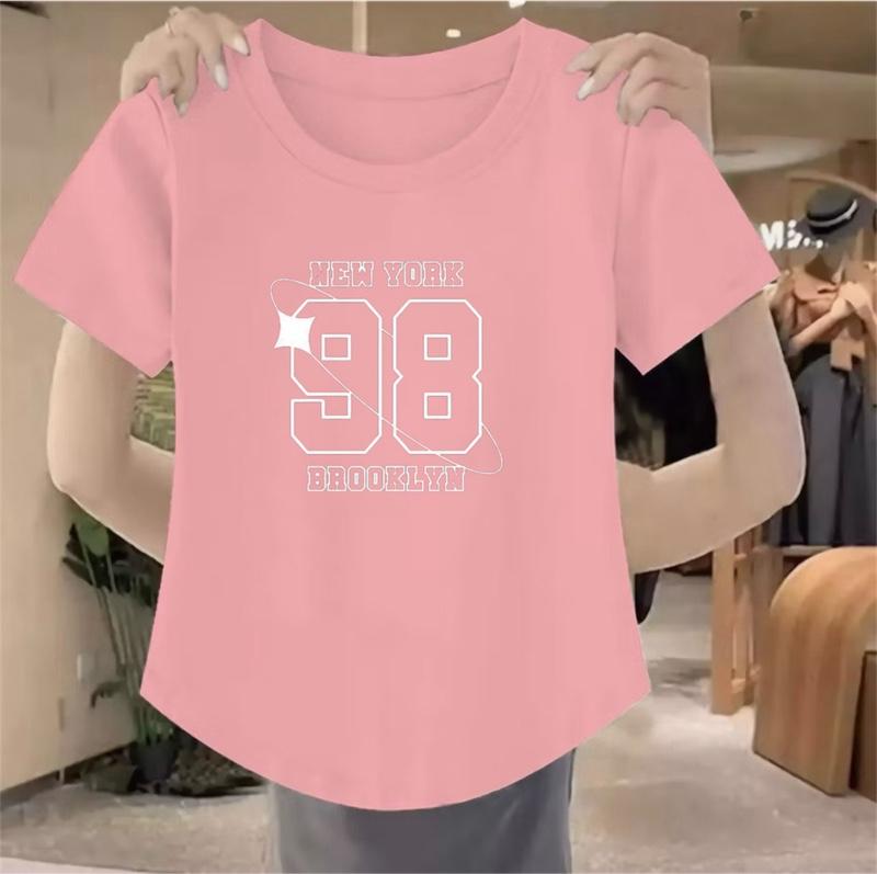 Delano_Clothing Baju Atasan Lengan Pendek Oval Motif Digital Printing Angka 98 Kaos Wanita Trendy 2025