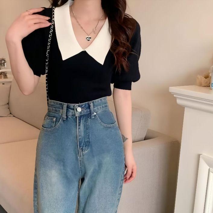 Product Introduction of Baju Fashion Wanita Rajut Style Polos Kerah V Atasan Knit Lengan Pendek Korean 20