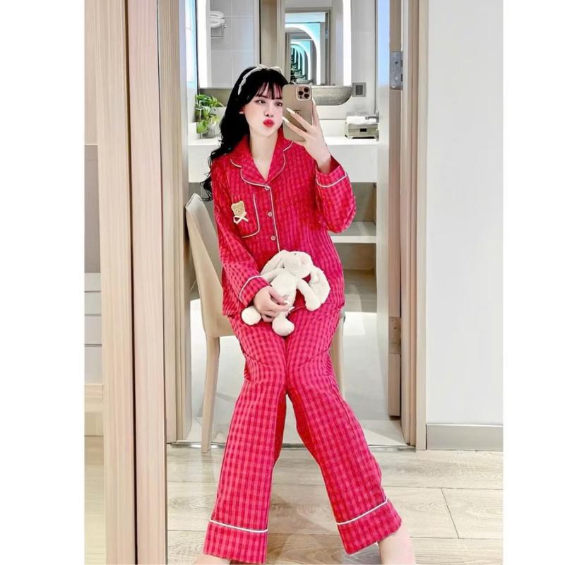 Set Bộ ngủ đồ mặc nhà pyjama kẻ caro áo tay dài quần dài chất vải thô mềm