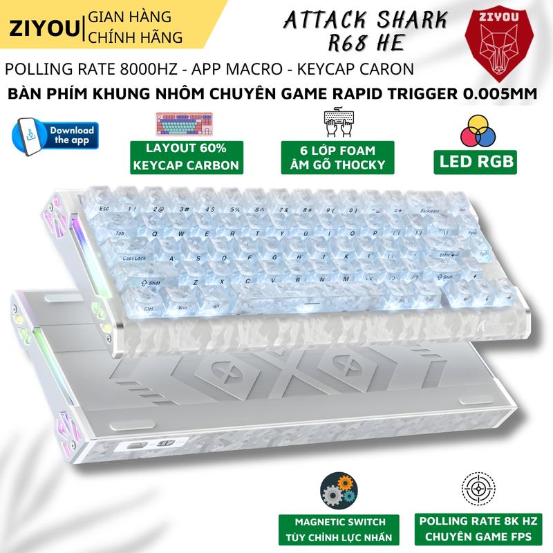 Bàn Phím Gaming ATTACK SHARK R68HE Magnetic Switch - Chất Liệu Carbon Fiber Cao Cấp, Rapid Trigger 0.005mm, Polling Rate 8KHz