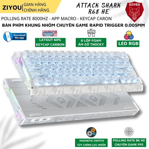 Bàn Phím Gaming ATTACK SHARK R68HE Magnetic Switch - Chất Liệu Carbon Fiber Cao Cấp, Rapid Trigger 0.005mm, Polling Rate 8KHz
