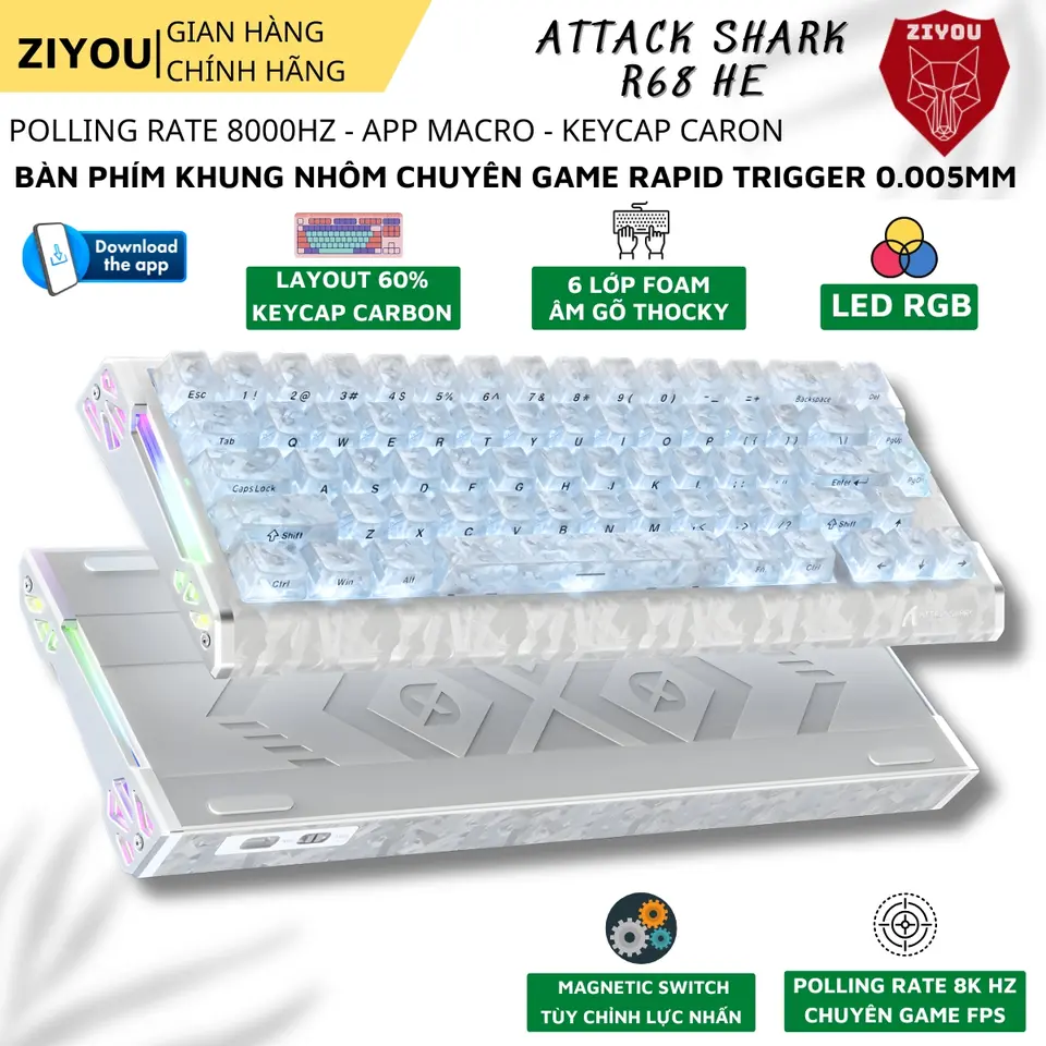 Bàn Phím Gaming ATTACK SHARK R68HE Magnetic Switch - Chất Liệu Carbon Fiber Cao Cấp, Rapid Trigger 0.005mm, Polling Rate 8KHz
