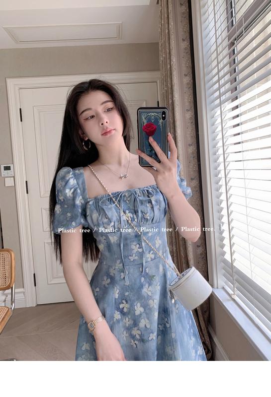 Product Introduction of phụ nữ ăn mặcĐầm Voan Pháp, In Hoa Mùa Hè, Cạp Cao Xẻ Tà, Hàng Mới Về Cho Nữ, Bó Sát Eo, Cổ Vuông, Tay bồng Hoa, Đầm Midi Dress Women 14