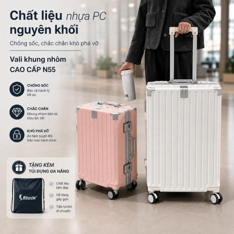 Vali Du Lịch Khung Nhôm Full Size 20/24 Cao Cấp Mã N55 Có Cáp Sạc Và Khay Để…