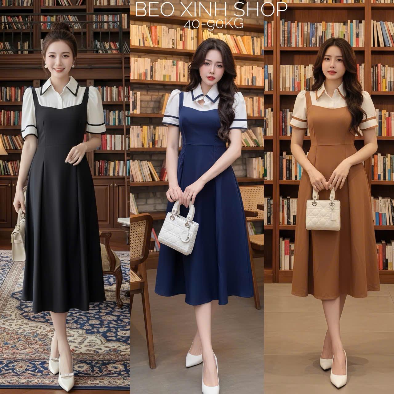 Thời Trang Bigsize Váy Dự Tiệc Phối Cổ Sơ Mi Vải Cotton Lạnh Cao Cấp Thanh lịch 40 - 90 Kg Nữ Đầm Women - A.1511