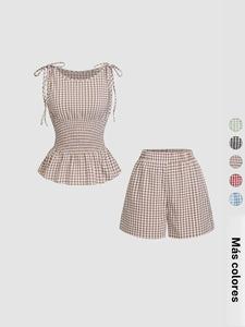 Conjunto de mujer con top tipo tank y shorts de tejido plano con textura gingham, tirantes anudados, cintura fruncida, bajo peplum, banda elástica en la cintura, tela ligera y transpirable para uso diario, vacaciones y ocio en casa, conjunto de 2 piezas.