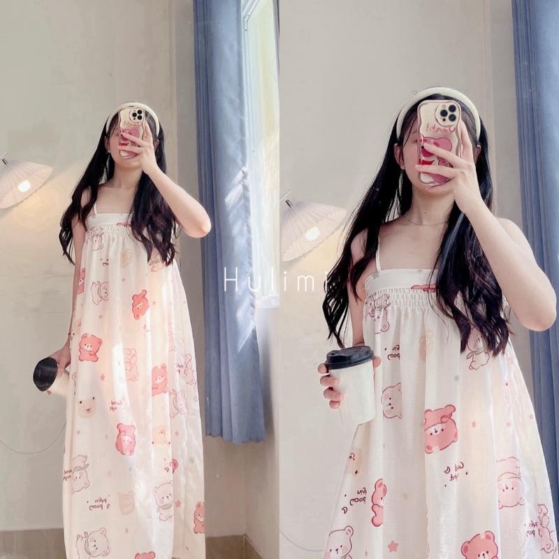 Đầm ngủ mặc nhà chất đũi xốp hoạ tiết babydoll cho nữ dưới 60kg