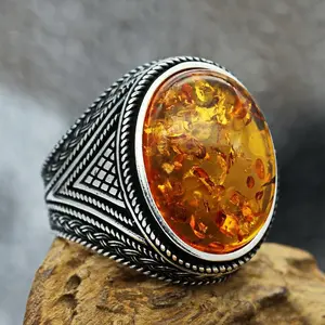 Cincin Pria Oranye Artificial Amber Stone Vintage Perak Hitam Terukir Punk Hip Hop Cincin Aksesoris Fashion Hadiah Asli Ring